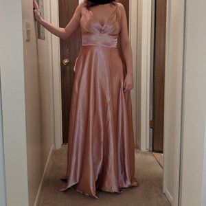 JASY Women's V-Neck Satin Long Slit Dress with Pockets Pink